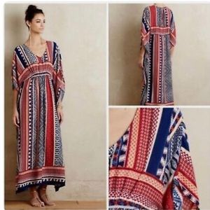 Anthropologie Red and Navy Patterned Maxi Dress